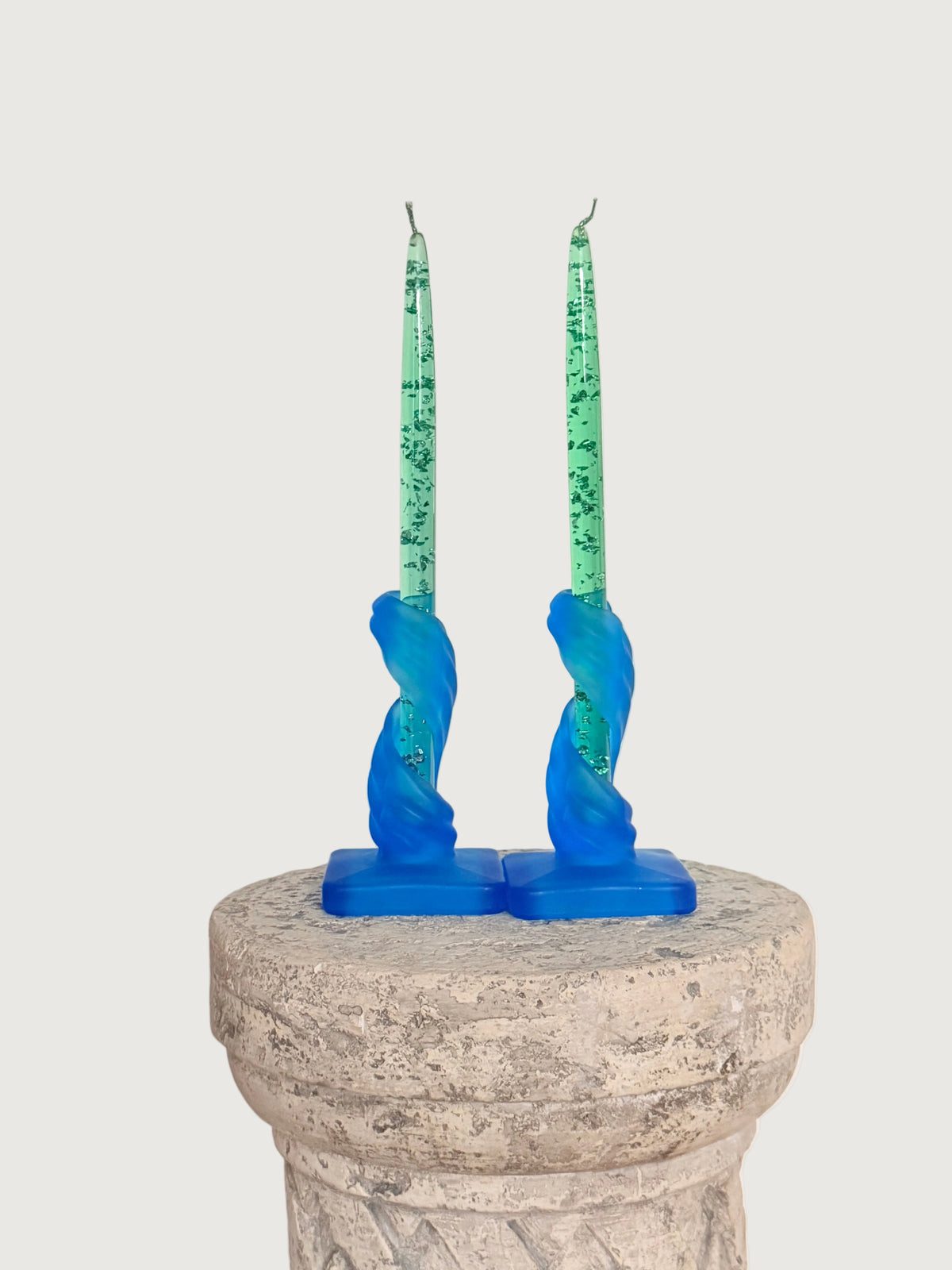 Blue Spiral Candleholders & Green Lucite Candles
