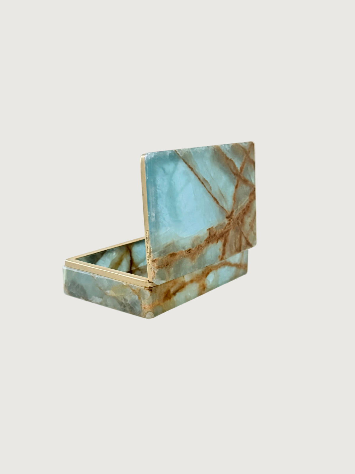 Luxurious blue onyx vintage box with rust color veining and brass hinges. From Italy and made between 1950s and 1970s and comes with its original G.S.E. Ottone Garantito sticker. Home Decor. Vintage. Collectible. 