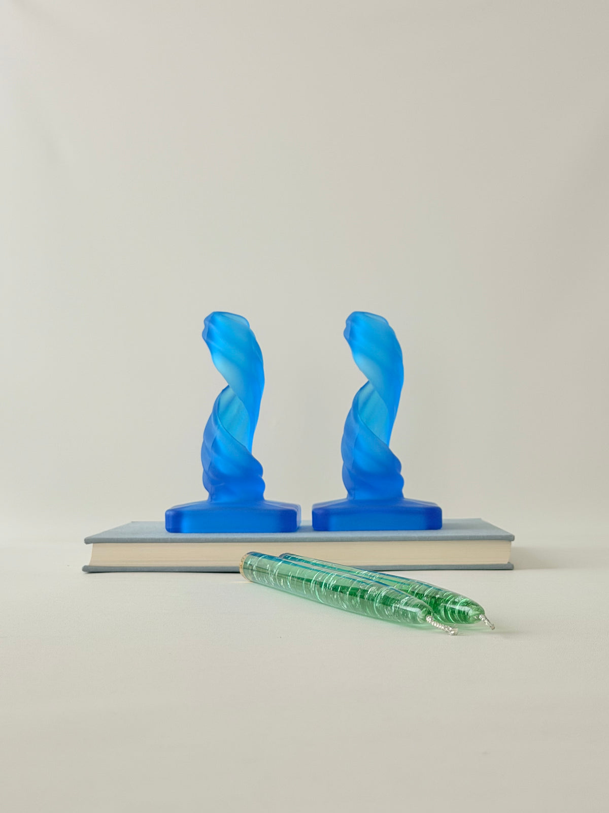 Blue Spiral Candleholders & Green Lucite Candles