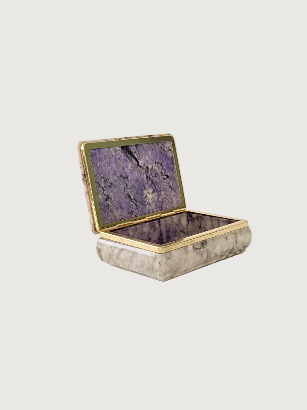 Vintage gray hand-carved 1970s Italian alabaster box with purple interior. 