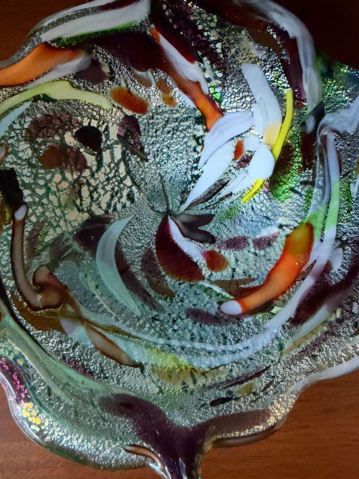 Vintage Leaf-Shaped Tutti Frutti Italian Glass Dish