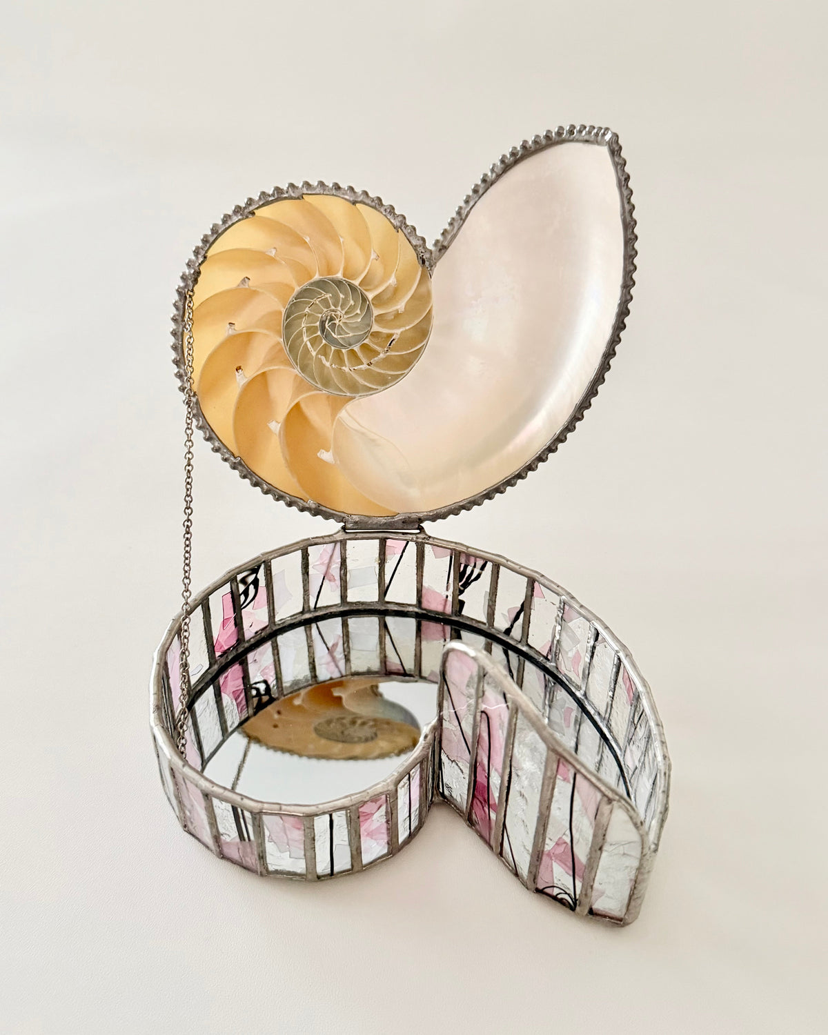 Vintage Nautilus Shell Stained Glass Jewelry Trinket Glass Box Open and showing mirror interior. Home Decor. Vintage. Collectible. 