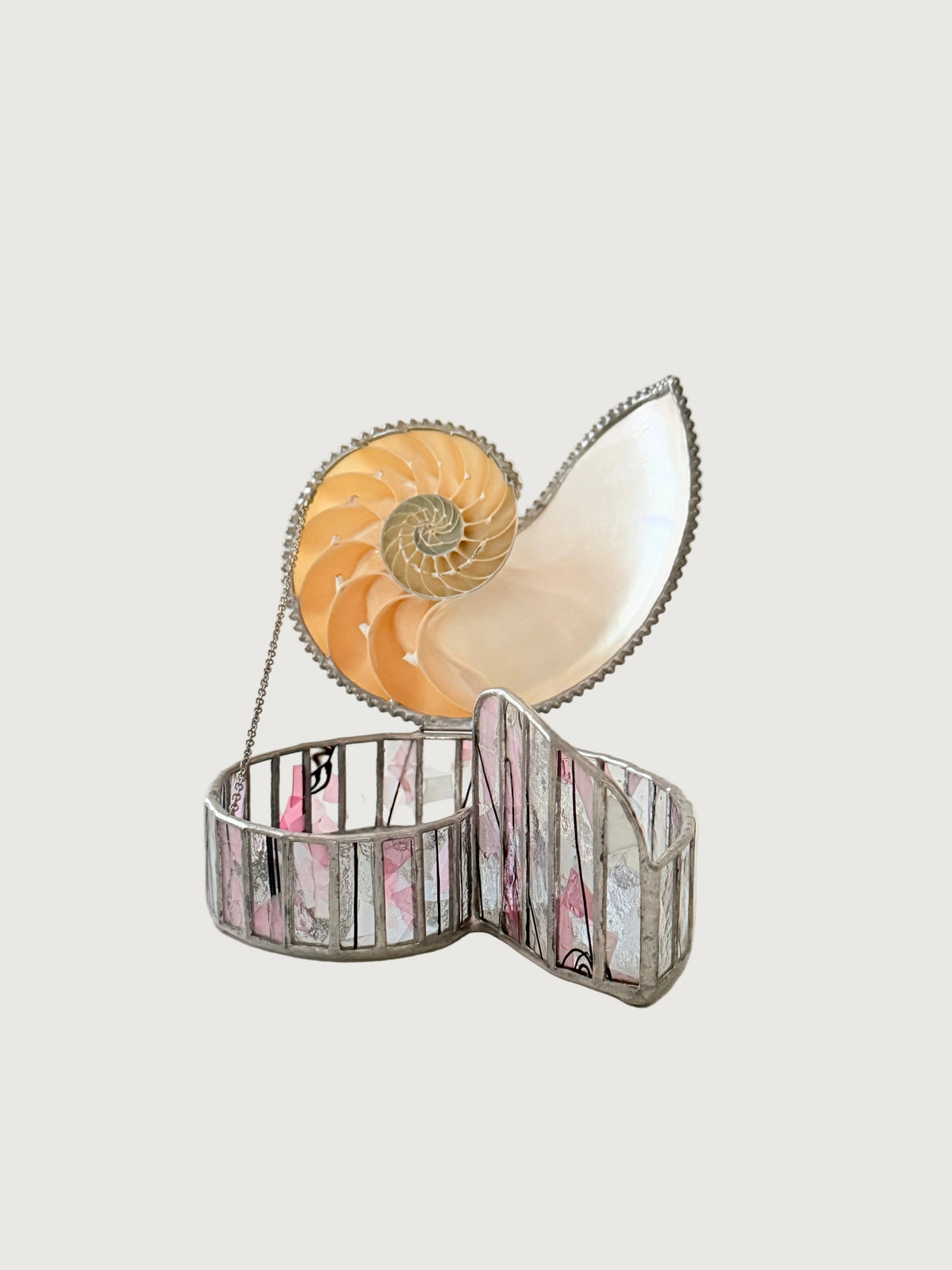A decorative jewelry box with a nautilus shell design, featuring a spiral shell lid and a shell-patterned metal base, shown on a light gray background. Home Decor. Vintage. Collectible. 